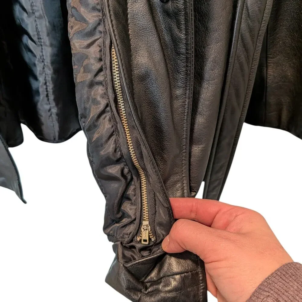 Vintage Jacqueline Ferrar Women's Sz XL Black Leather Trench Coat Zip Out Lining